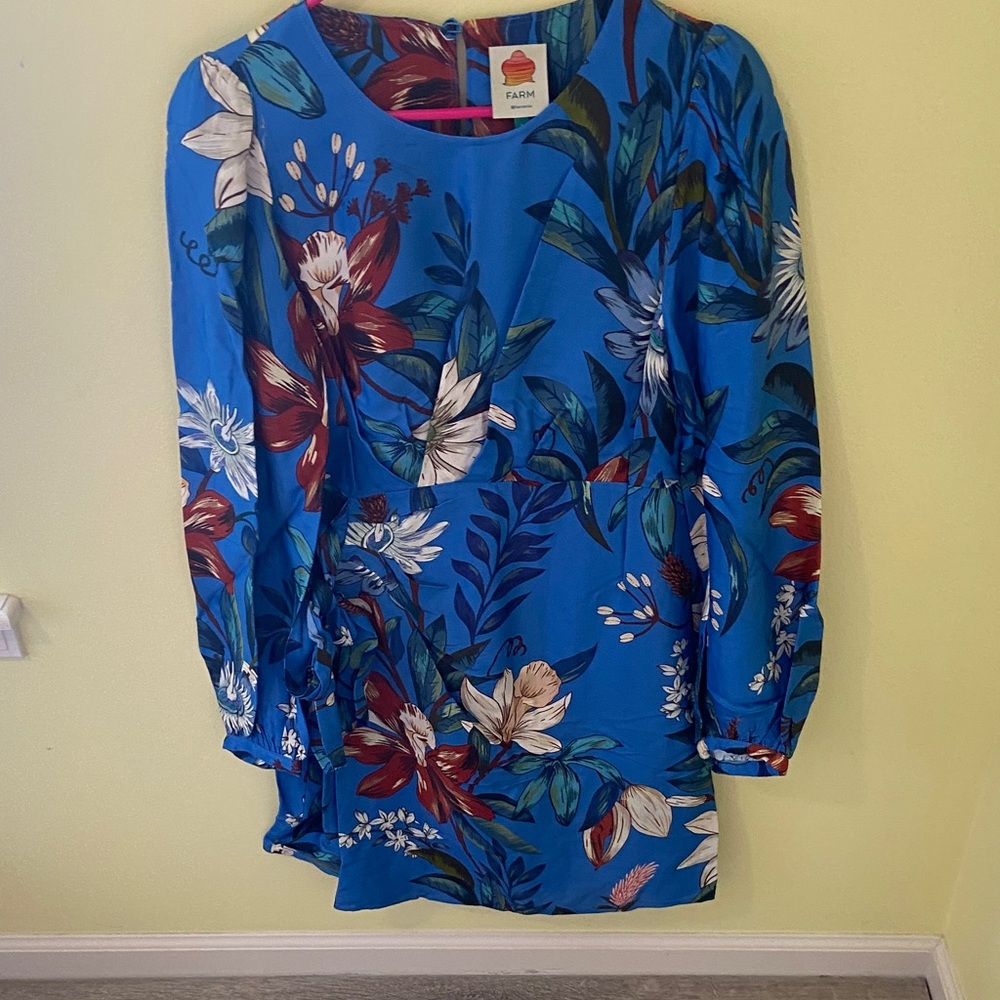 NWT Farm Rio Blue Surreal Flower Wrap Long Sleeve Dress